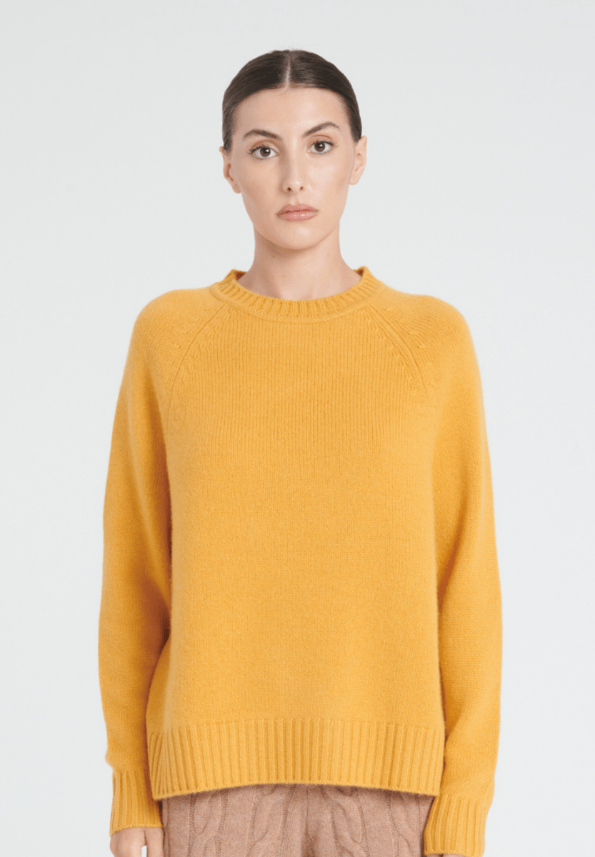 ZAYA 7 Pull col rond à manches raglans en cachemire 6 fils jaune moutarde - Studio cashmere8