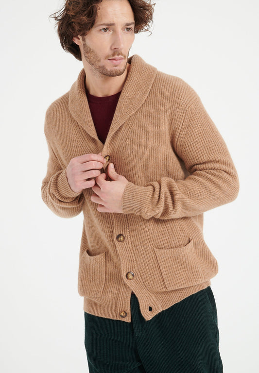 ZACH 4 Cardigan col châle côtelé 4 fils camel